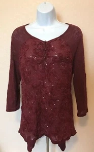 Etoile Maroon Sequin Embellished Floral Front 3/4 Sleeve Sweater Size Small - Picture 1 of 4