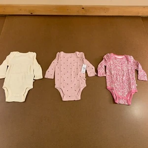 Baby Gap Girls Size 3-6 Months Pink Ivory Long Sleeve Bodysuits 3 Piece New - Picture 1 of 9