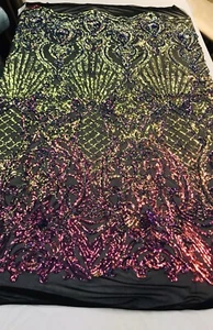 RAINBOW IRIDESCENT DAMASK SEQUINS DESIGN ON A 4 WAY STRETCH BLACK MESH-BY YARD. - Picture 1 of 8