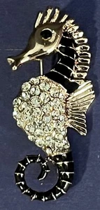 Rose-Gold Tone Black Enamel & Clear Rhinestone Seahorse Brooch Pin - Picture 1 of 2