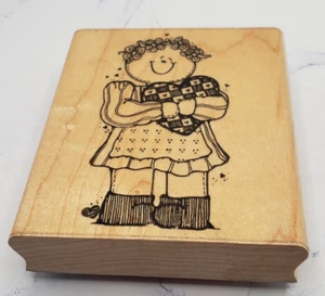 Curly Haired Girl Doll Love Hug A Heart Dots Wood Mounted Rubber Stamp - Picture 1 of 7