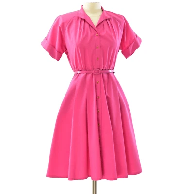 Vestido Camisa Vintage Años 70 Petites by Willi Algodón Rosa PS Botón Completo Frontal Cinturón Foto 1 de 4