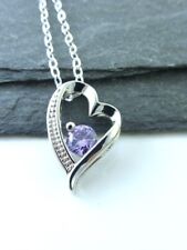 Pretty Purple Cubic Zirconia Brass Heart Pendant Necklace 28" Silver Brass Chain