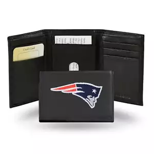 New England Patriots Black Leather Color Embroidered Logo Tri-Fold Wallet - Picture 1 of 1