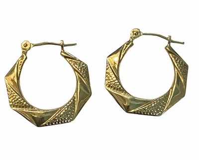 14K Yellow Gold Hoop Earrings Medium 3/4” Fancy NOS JCM - Image 1 of 4