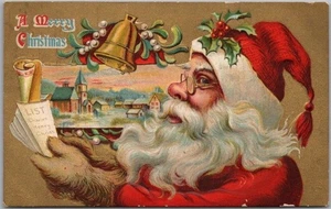 Postal de Navidad de Santa Claus de la década de 1960 con gafas, lista de lectura / escena de la iglesia - Imagen 1 de 2