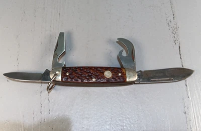 Vtg BOKER TREE 9361 Pocket Knife Scout Utility 4-Blade Jigged Light Brown - Image 1 of 4