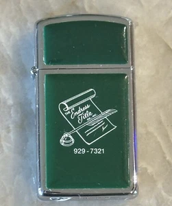 Vintage 1986 Zippo Slim Green Panel & Chrome Advertising Title Company Lighter - Picture 1 of 14