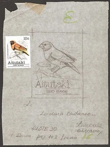 AITUTAKI COOK ISLANDS 1981 PRELIMINARY ARTWORK BIRDS 10c LONCHURA Sc #228 FAUNA - Picture 1 of 3