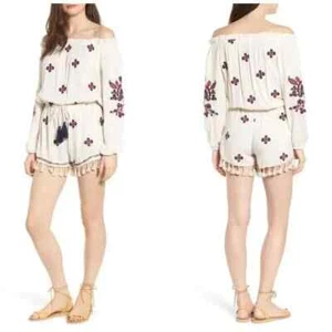 RAGA Women's Sz S Tessi Embroidered Off-The-Shoulder Romper With Tassels - Picture 1 of 1