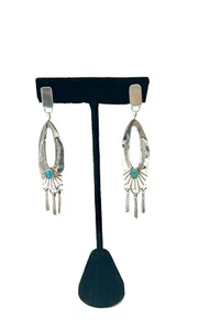 Navajo Sterling Turquoise Dangle Earrings Pat Platero Handmade 925 Silver Fringe - Picture 1 of 7