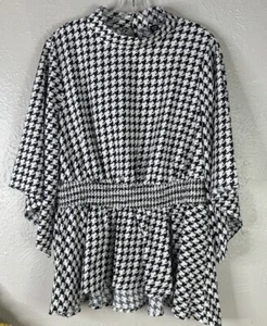 Shein Curve 1X Hahnentritt schwarz weiß Polyester Stehkragen Schößchen Bluse gebraucht, in einwandfreiem Zustand - Bild 1 von 9