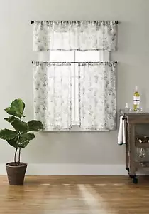 Tranquil Floral Light Filtering Rod Pocket Kitchen Curtain Tier and Valance Set, - Picture 1 of 5
