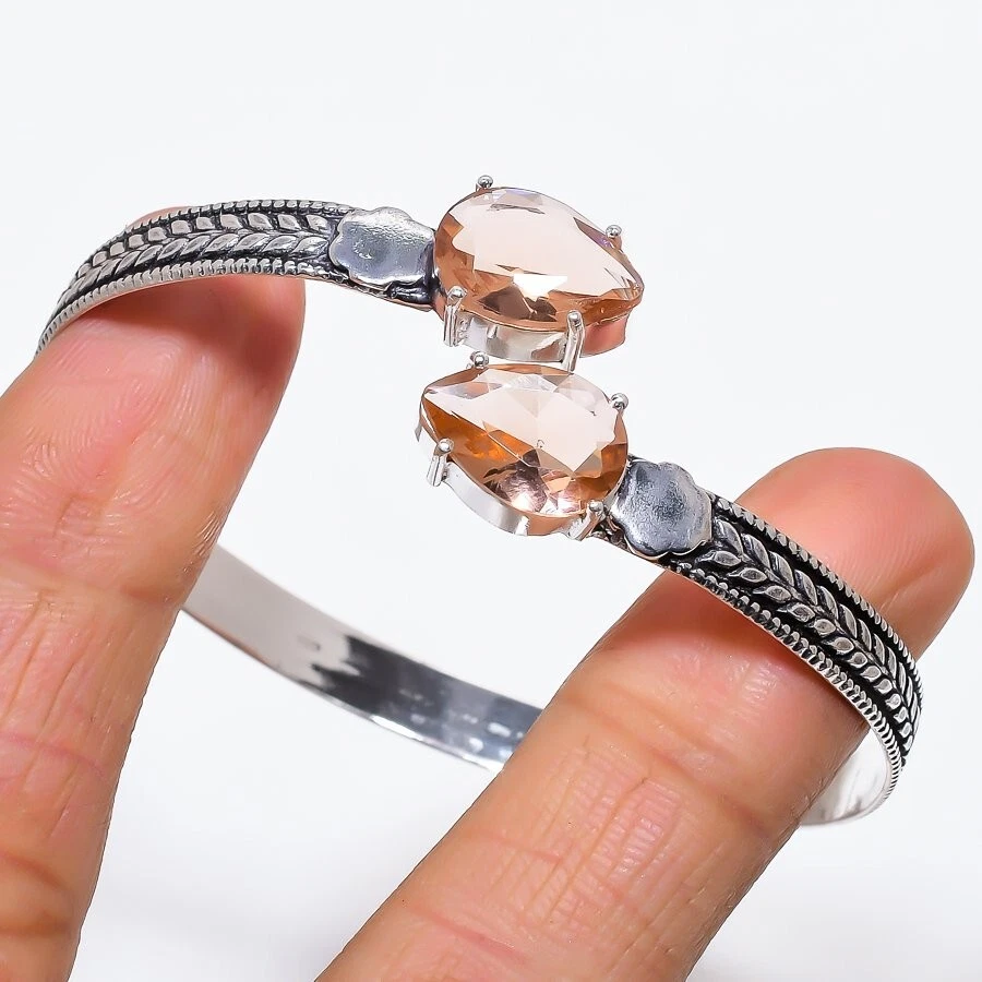 Peach Morganite Gemstone 925纯银珠宝袖口手链可调节 — 第 1/1 张图片