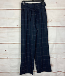 H&M Plaid Wide Leg Paperbag Pants Womens 4 Blue High Rise Tie Waist Pleated