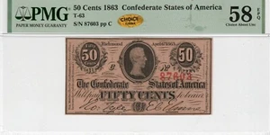 T-63 PF-2 1864 $0.50 Confederate Paper Money - PMG Ch About Unc 58 EPQ - CHOICE! - Picture 1 of 2