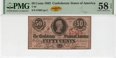 T-63 PF-2 1864 $0.50 Confederate Paper Money - PMG Ch About Unc 58 EPQ - CHOICE! - Image 1 of 2