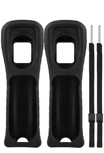 x2 New Nintendo Wii Remote Black Rubber Silicone Gel Covers Sleeves & Straps - Picture 1 of 3