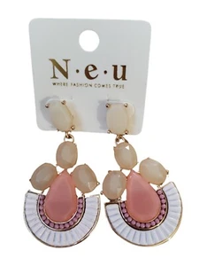 Peach Dangle Earrings in Silver Tone with Beige Crystal Rhinestones - Picture 1 of 1