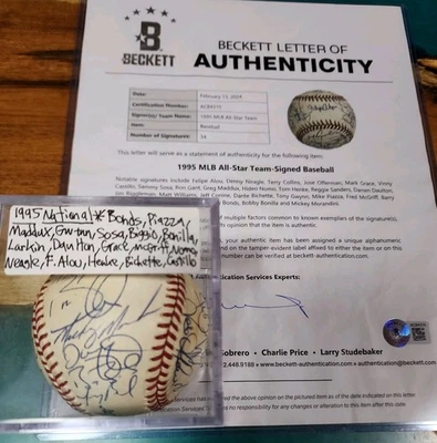 ⚾️¡Balón firmado por el equipo All-Star de la Liga Nacional 1995! Bonds, Maddux, Piazza, Gwynn, Sosa, Larkin*BAS⚾️ Foto 1 de 4