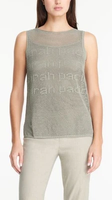 Sarah Pacini 签名无袖针织上衣毛衣网纱亚麻尼龙意大利橄榄色 — 第 1/4 张图片