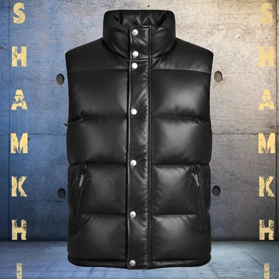 Men's Premium Genuine Leather Puffer Vest Casual Biker Motorcycle Zipper Vests - Image 1 of 4