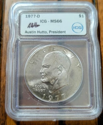 1977-D Eisenhower $1 MS66 ICG Autographed Graded Slab Denver Collectible Dollar! - Image 1 of 3