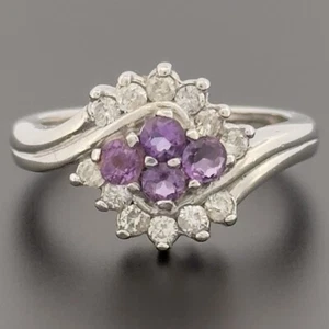 9ct White Gold Amethyst & Diamond Cluster Ring Size K 1/2 Hallmarked - Picture 1 of 10