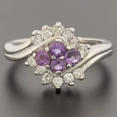 9ct White Gold Amethyst & Diamond Cluster Ring Size K 1/2 Hallmarked - Image 1 of 4