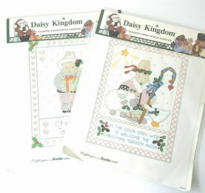 Bucilla Daisy Kingdom Stamped Cross Stitch Christmas Sampler Panels 1992 LOT 2  - Image 1 of 4