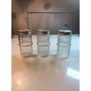 Vintage Lot Of 3 Glass Salt Pepper Spice Herb Shaker Storage Jars Aluminum Lids - Picture 1 of 7