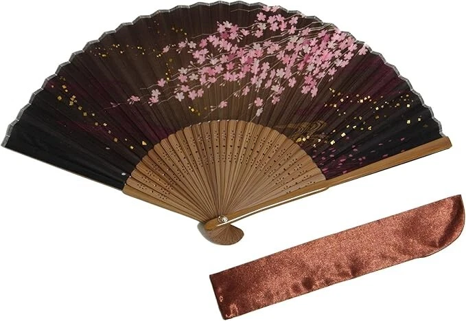 HASEGAWA JAPANESE FOLDING FAN SENSU HANDMADE SAKURA BLACK SILK w/Case ka23131016