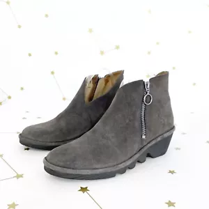 Fly London Booties Size 38 US 7.5 8 Gray Suede Poro Asymmetrical Wedge Zipper - Picture 1 of 8