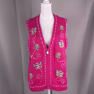 Vintage Womens Vest XL XXL Pink Zip Cardigan Sweater Butterfly Embellished Y2K - Picture 1 of 9