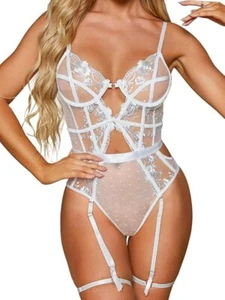 Kaei & Shi Blumen bestickt Tanga Strumpfbänder Dessous Set, H0410, weiß, XLarge - Bild 1 von 13