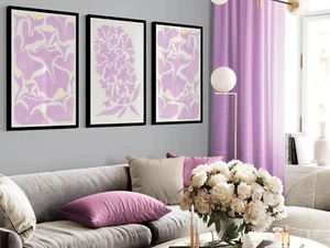 Conjunto Boho de 3 Impresiones Florales Abstractas, Arte de Pared Flor Morada Lila, Botánico - Imagen 1 de 5
