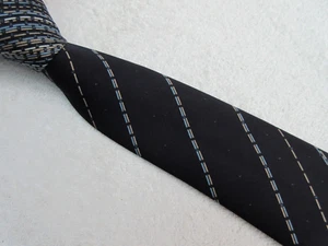 VINTAGE BLUE BEIGE DASH STRIPED 3.5 INCH polyester tie NECKTIE DISTINCTIVE - Picture 1 of 5