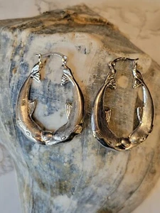 Kissing Dolphins Oval Hoop Earrings Silver Plate W/ 925 Clasp Ocean Water Themed - Picture 1 of 10