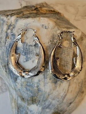 Kissing Dolphins Oval Hoop Earrings Silver Plate W/ 925 Clasp Ocean Water Themed - Image 1 of 4