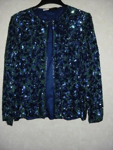 Creature Creations Vtg.Jacket Women Blue GreenSilk Sequin Beads Open Long Sleeve - Picture 1 of 13
