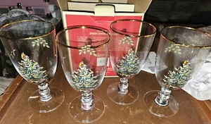 Spode Christmas Tree 16 Ounces Pedestal Goblets with Gold Rims, Set of 4 - Picture 1 of 2