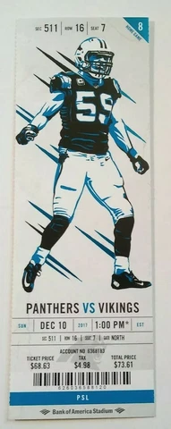 2017 Carolina Panthers vs Minnesota Vikings NFL Football Full Ticket Stub Cover