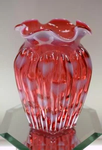FENTON VASE Cranberry with Opal HEART Ribbed Valentine FREEusaSHIP - Picture 1 of 3
