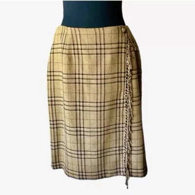 Falda vintage Sag Harbor para mujer marrón tostada a cuadros 16 flecos imitación envoltura mezcla de lana Foto 1 de 4