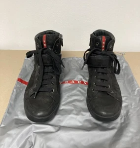 Prada Sport High Tops black Trainers Leather Suede Zip Strap Dust bag size 8.5 - Picture 1 of 24