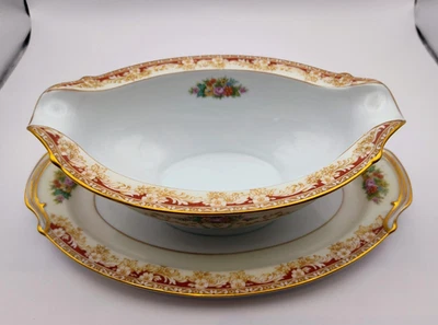 Noritake Mystery 173 Occupied Japan Gravy Boat & Underplate Floral Red Gold Trim - Image 1 of 4