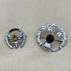 Par de Broches Escoceses Mizpah Vintage Cardo y Ciervo Tono Plata Púrpura - Imagen 1 de 14