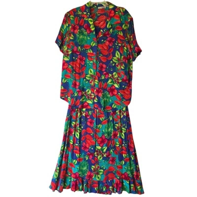 Saia e parte superior com botão vintage C.M Shapes 1980 padrão gloral vibrante 1X - Imagem 1 de 4