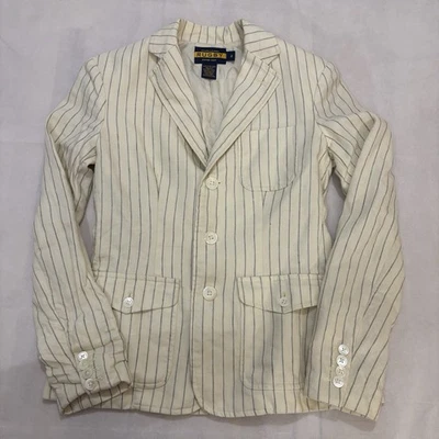 Ralph Lauren Rugby 女式西装外套 2 码奶油色细条纹亚麻羊毛 — 第 1/4 张图片