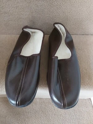 Made In England Brown Leather Fleece Lined Hard Sole Slippers Size 7 - image 1 of 4
